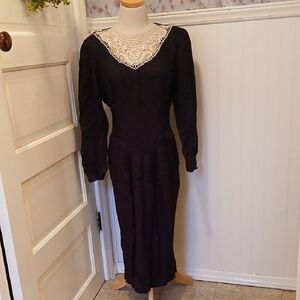 Vintage Jonathan Martin Black Dress with Cream Lace Neckline